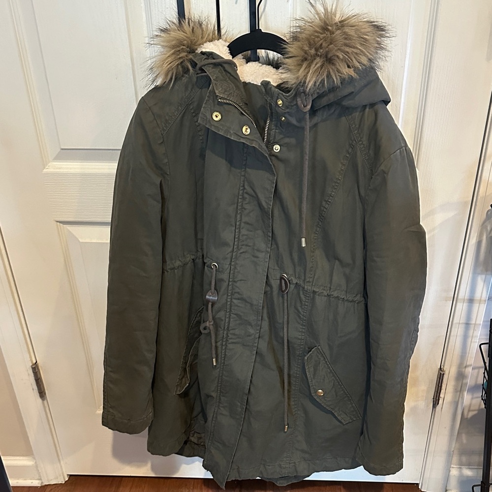 H&M Khaki Utility Jacket with Faux Fur Hood